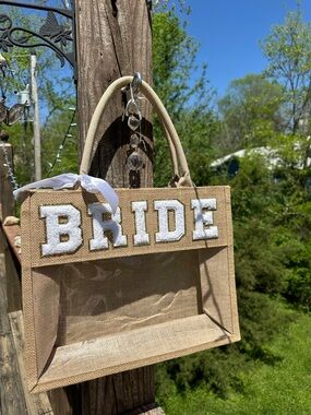 Cute Bride Tote Bag in Natural and White embroidery, clear front